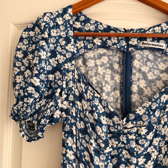 Reformation Blue Floral Puff Sleeve Long Dress with Slit - Picture 3 of 5